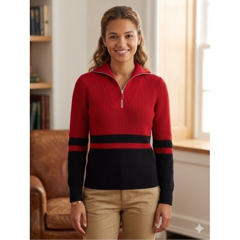 LRL Ralph Lauren Medium Red and Black Cotton V Neck Stripe Knit Sweater Preppy
